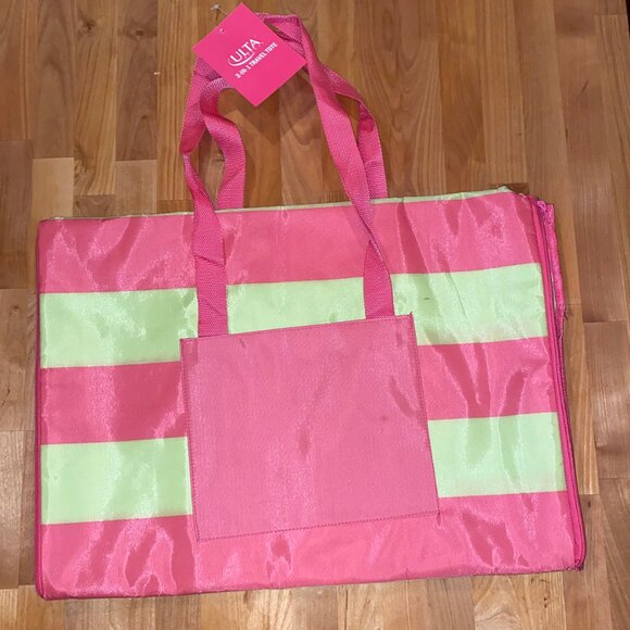 Ulta bright pink and yellow stripe 2 in 1 nylon beach travel tote bag NWT - Picture 2 of 5